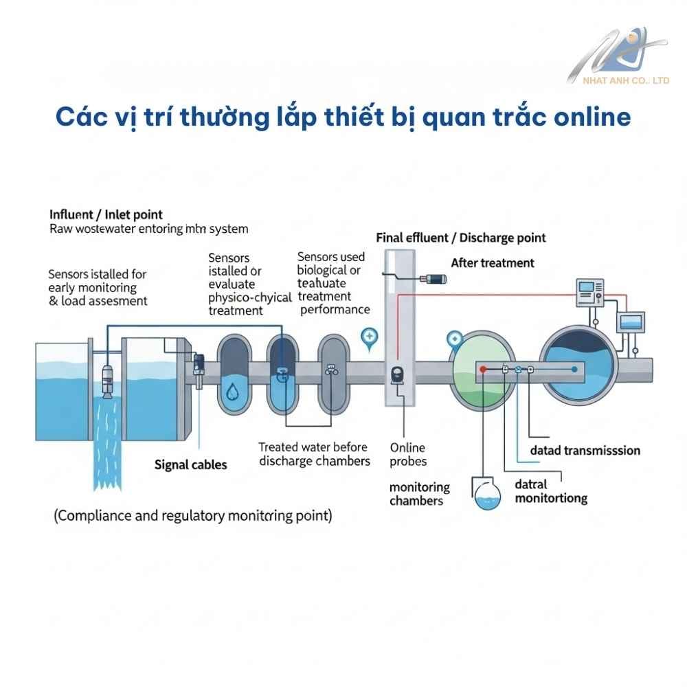 Vị trí lắp thiết bị quan trắc nước thải online tại đầu vào và đầu ra hệ thống xử lý