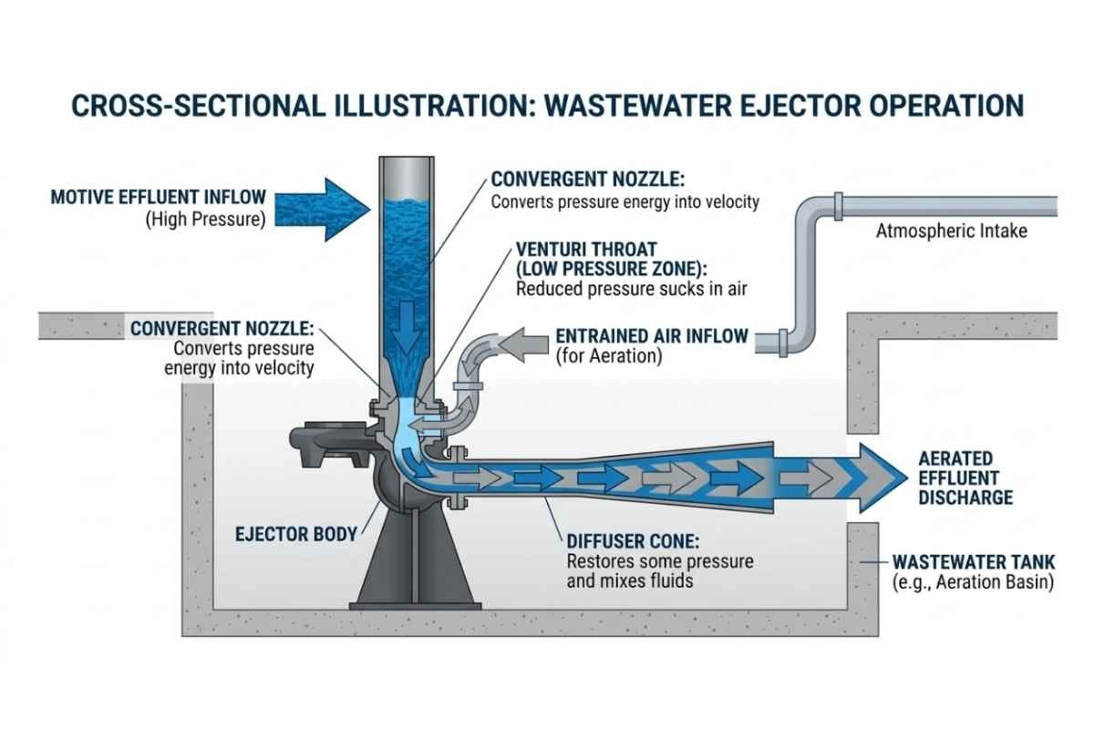 Nguyên lý ejector trong xử lý nước thải so với máy sục khí tạo bọt trong bể xử lý